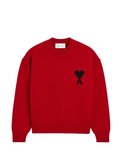 AMI Paris red crew-neck wool sweater with Ami de Coeur