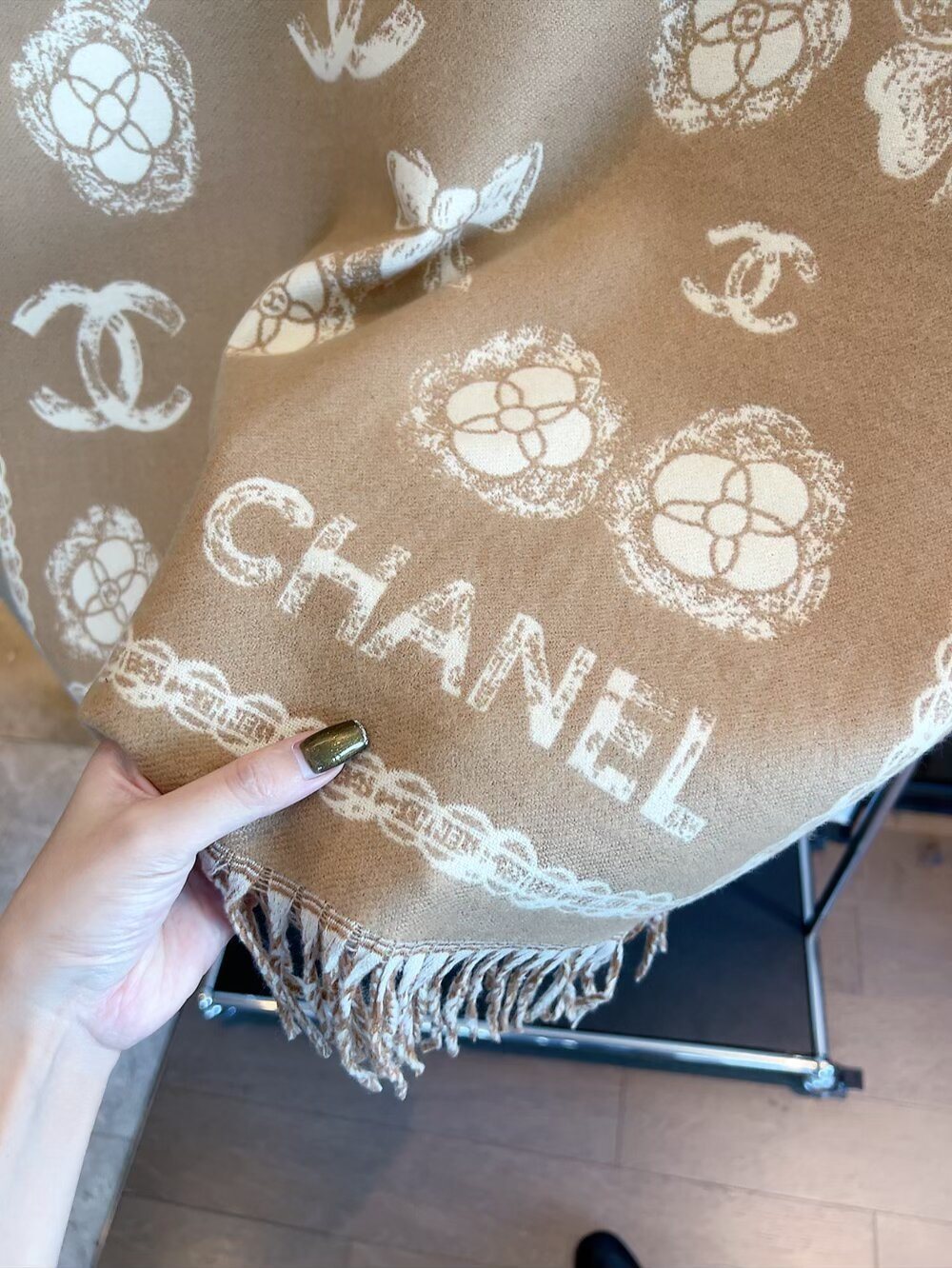 Chanel Logo-Pattern Fringed Scarf