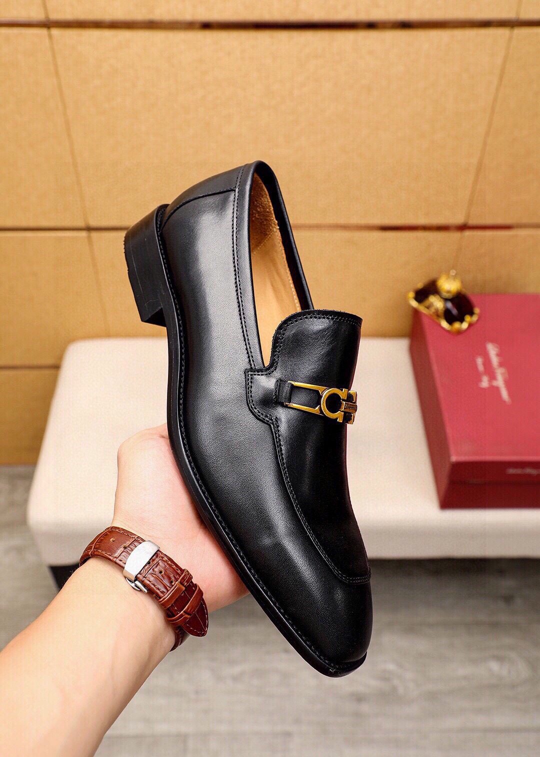 Ferragamo Black Leather Hardware Loafers - Gold-Tone Hardware