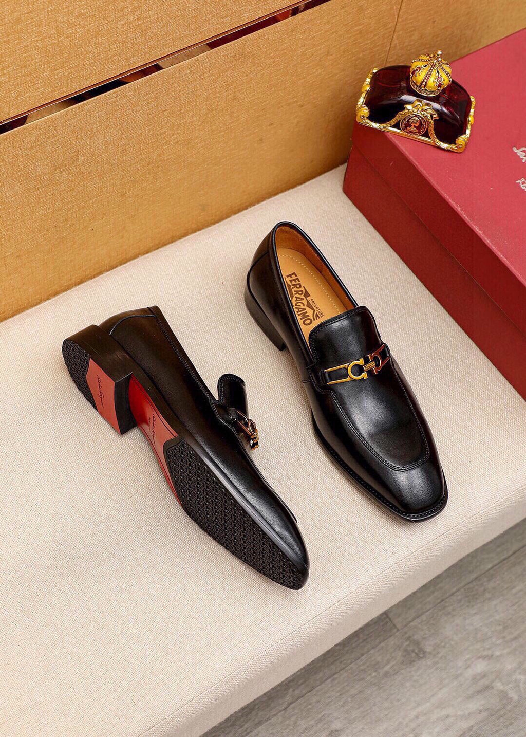 Ferragamo Black Leather Hardware Loafers - Gold-Tone Hardware