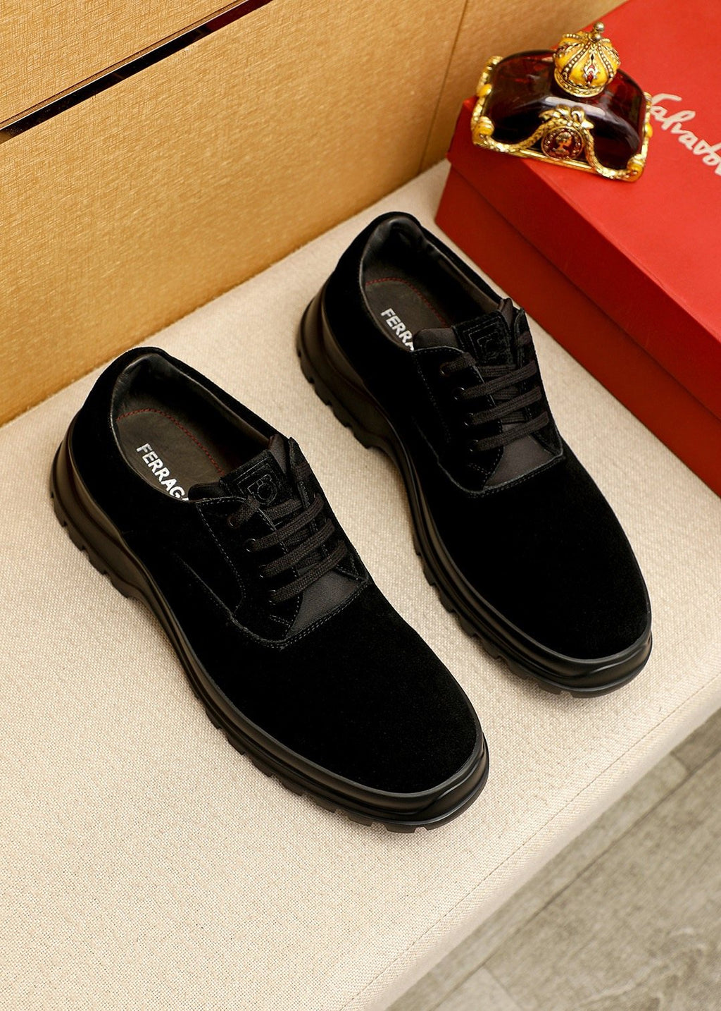 Ferragamo Men's Black Lug Sole Lace-Up Shoes