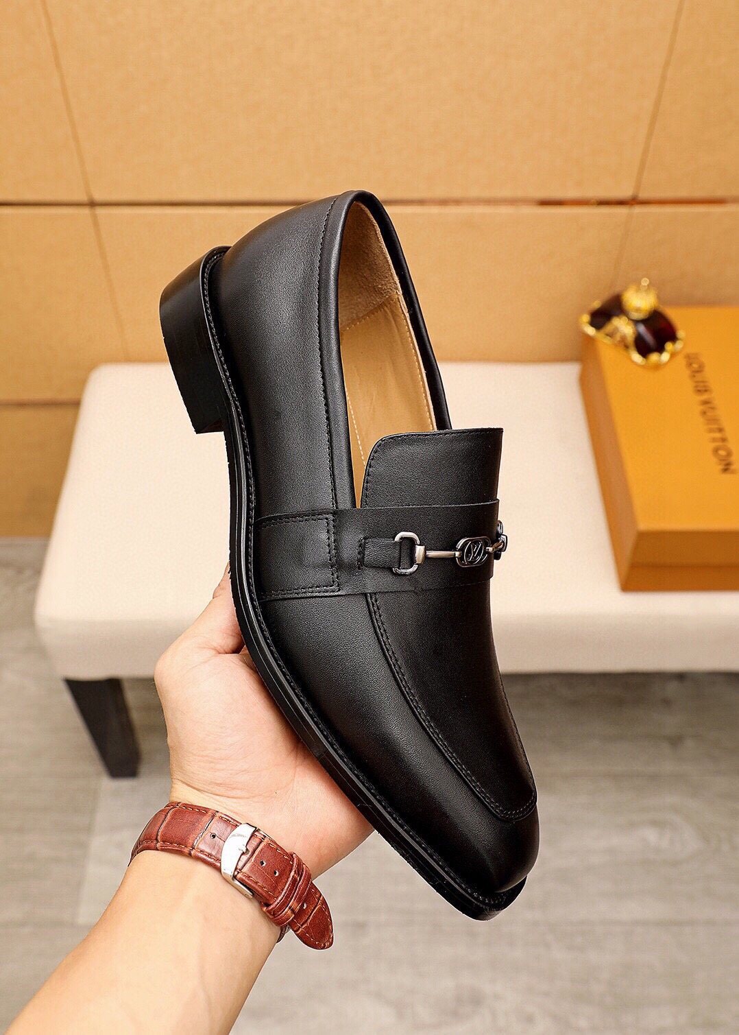 Louis Vuitton Black Metal-Bit Leather Loafers