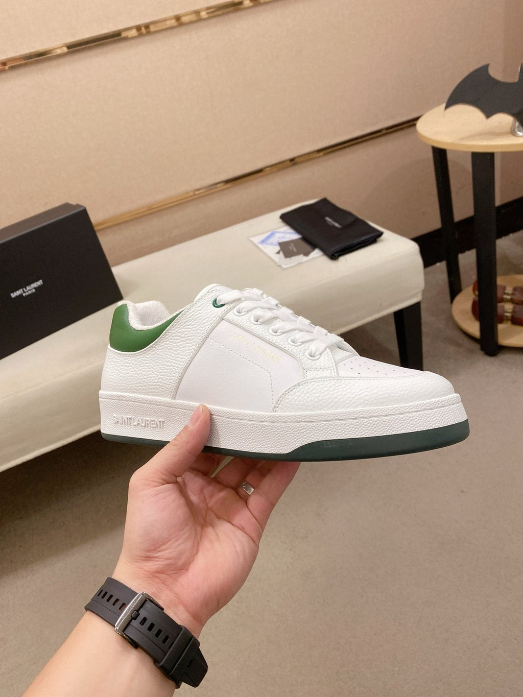 Saint Laurent White and Green Low-Top Sneakers