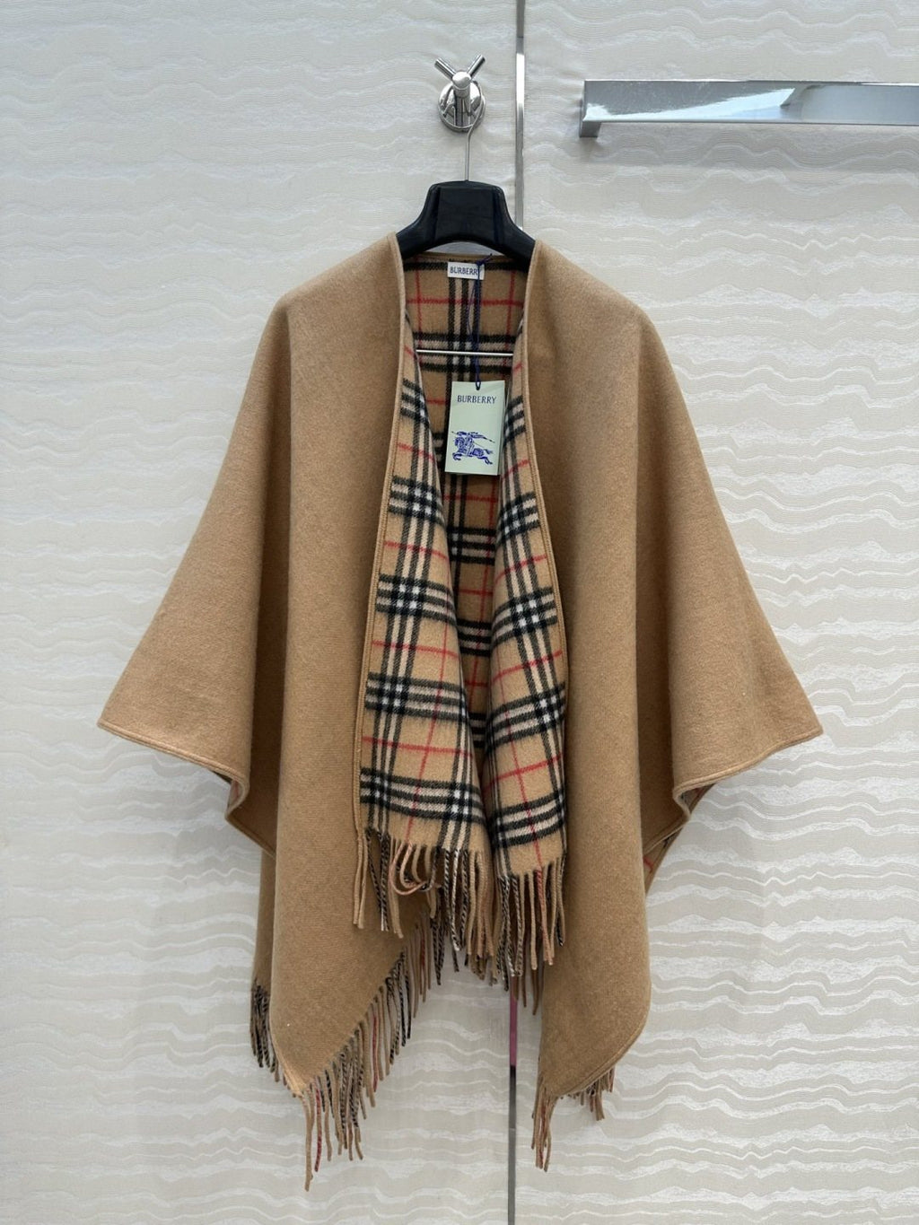 Burberry Fringed Plaid-Panel Poncho